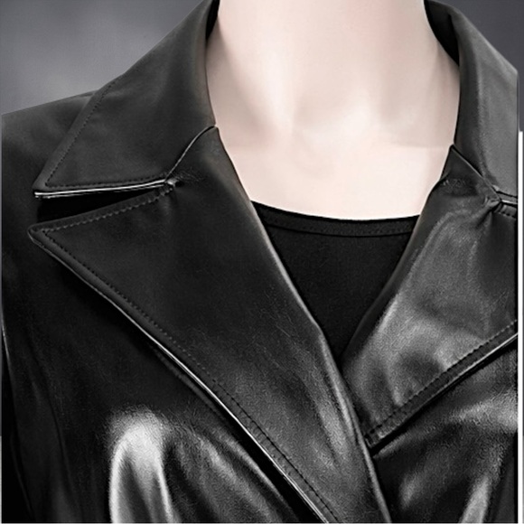 Long Black Faux Leather Trench Coat - Women's Coat - Picture 5 of 12